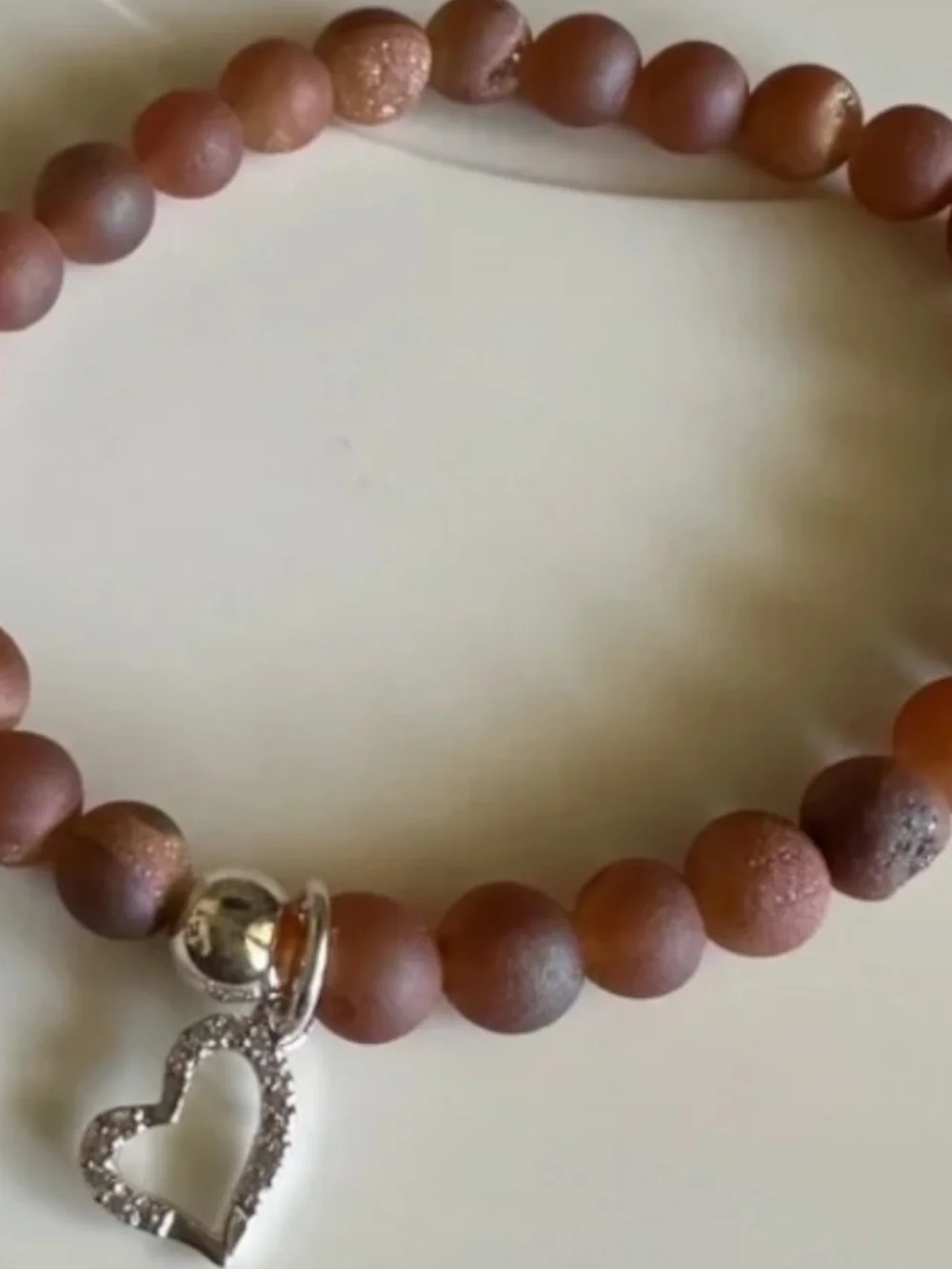 Classic Peach Druzy 6mm Stretch Bracelet Silver Pave Heart Charm